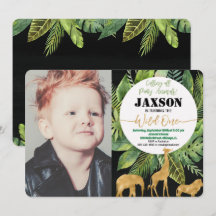 ワイルドな1歳誕生日写真招待状 男の子 サファリ