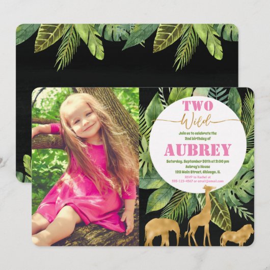 ワイルドな2歳の誕生日写真招待ピンク 招待状 (正面/裏面)