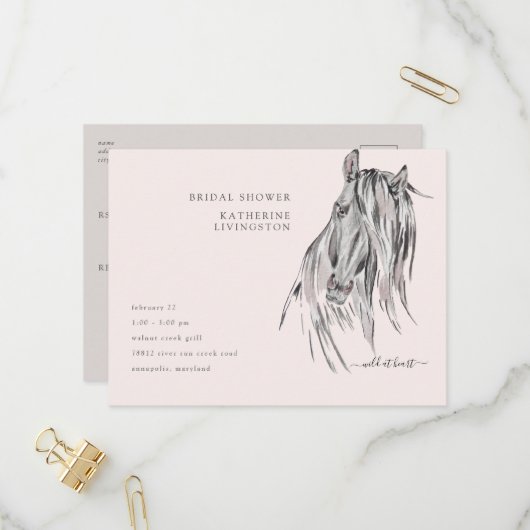 ワイルドアットハートウォーターカラーホースブライダルシャワー インビテーションポストカード (正面/裏面インサイチュ)