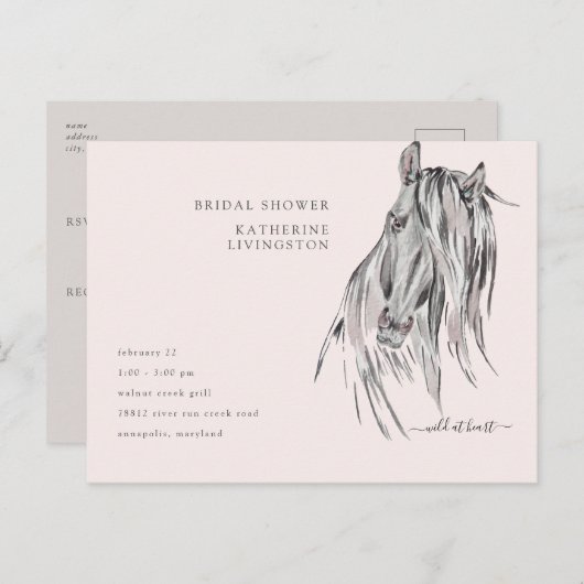 ワイルドアットハートウォーターカラーホースブライダルシャワー インビテーションポストカード (正面/裏面)