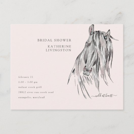 ワイルドアットハートウォーターカラーホースブライダルシャワー インビテーションポストカード (正面)