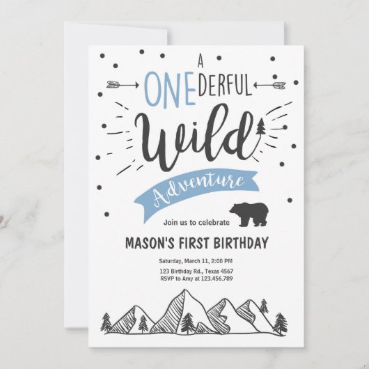ワイルドアドベンチャー最初の誕生日の招待状1青 招待状 (正面)