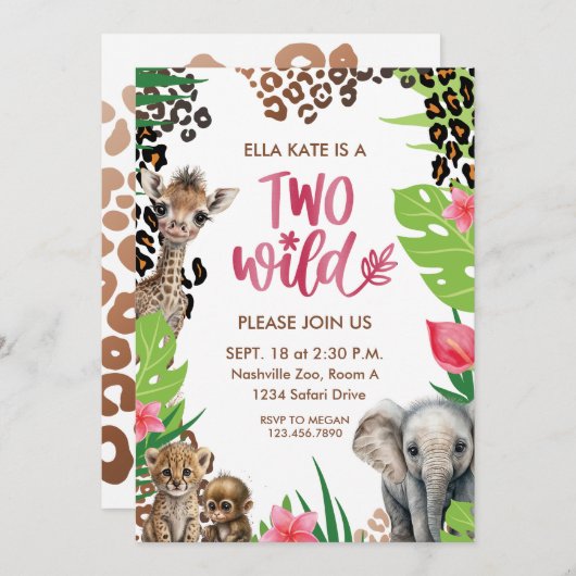 ワイルドアニマルサファリガール2nd誕生日パーティー 招待状 (正面/裏面)