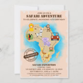 ワイルドアニマルジャングルサファリマップ子供の誕生日 招待状 (正面)