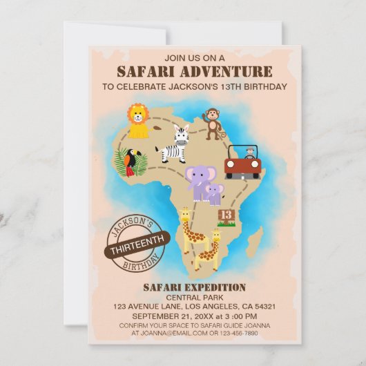 ワイルドアニマルジャングルサファリマップ子供の誕生日 招待状 (正面)