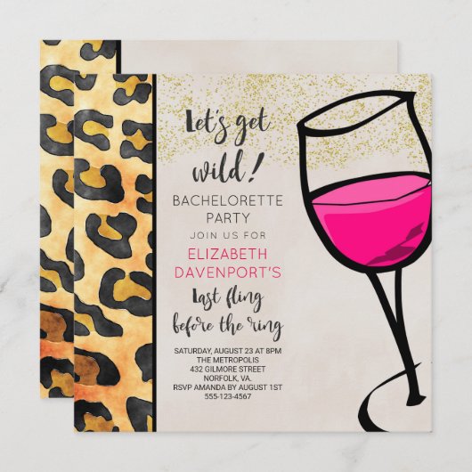 ワイルドアニマルプリントとワイングラスバチェロレッテ 招待状 (正面/裏面)