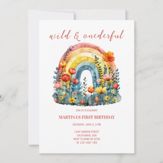 ワイルドアンドオンダーフルワイルドフラワーレインボー誕生日 招待状 (正面)