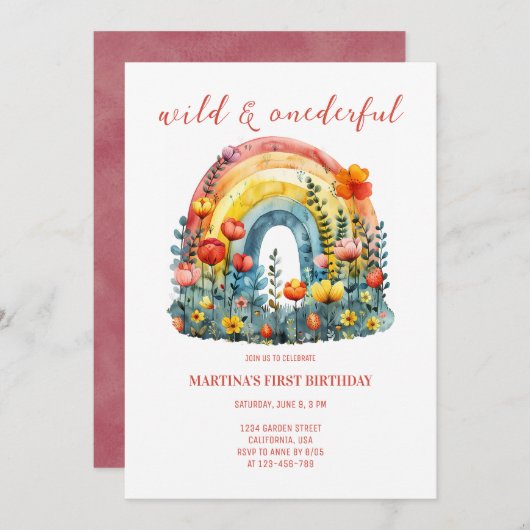ワイルドアンドオンダーフルワイルドフラワーレインボー誕生日 招待状 (正面/裏面)
