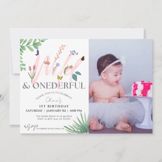 ワイルドアンドオンダーフル野草写真1歳の誕生日 招待状 (正面)