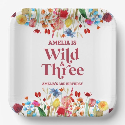 ワイルドアンドスリーワイルドフラワー3回目の誕生日パーティー ペーパープレート (正面)