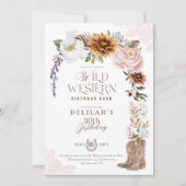 ワイルドウェスタン誕生日ウォーターカラーフローラ女性のカーボーイ 招待状 (正面)