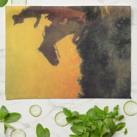 ワイルドウェストの夕日に向かう馬ライダー キッチンタオル (折り畳み)