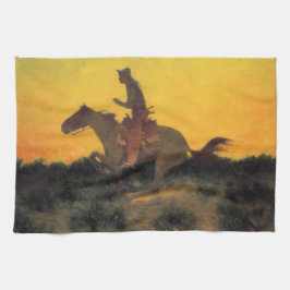 ワイルドウェストの夕日に向かう馬ライダー キッチンタオル