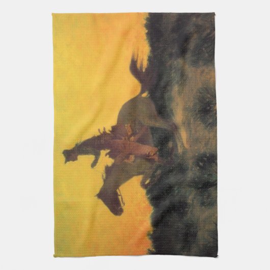 ワイルドウェストの夕日に向かう馬ライダー キッチンタオル (縦)