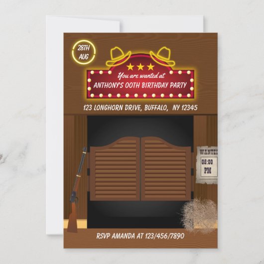 ワイルドウェストをテーマにしたネオン誕生日パーティーへの招待 招待状 (正面)