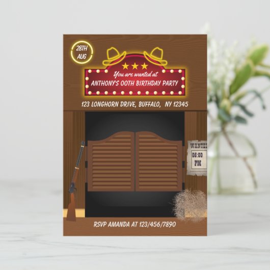 ワイルドウェストをテーマにしたネオン誕生日パーティーへの招待 招待状 (スタンド正面)