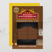 ワイルドウェストをテーマにしたネオン誕生日パーティーへの招待 招待状 (正面/裏面)