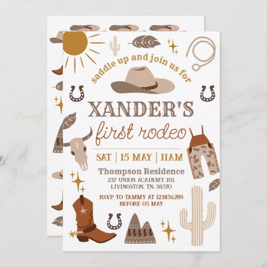 ワイルドウェストカウボーイウェスタンファーストパーティー誕生日 招待状 (正面/裏面)