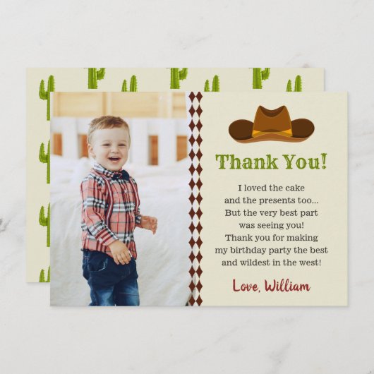 ワイルドウェストカウボーイロデオ子供の誕生日パーティー サンキューカード (正面/裏面)