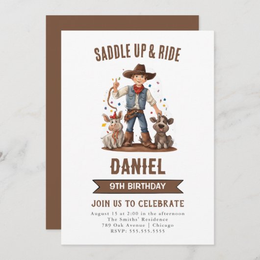 ワイルドウェストカウボーイ誕生日パーティー 招待状 (正面/裏面)