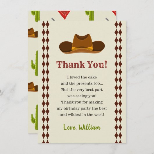 ワイルドウェストサルーンカウボーイ誕生日パーティー男子子供 サンキューカード (正面/裏面)