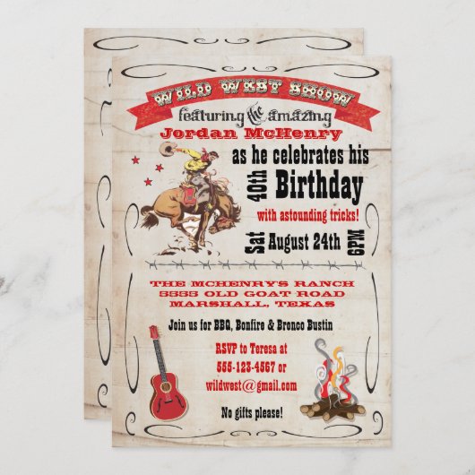 ワイルドウェストショー誕生日パーティー招待ポスター 招待状 (正面/裏面)