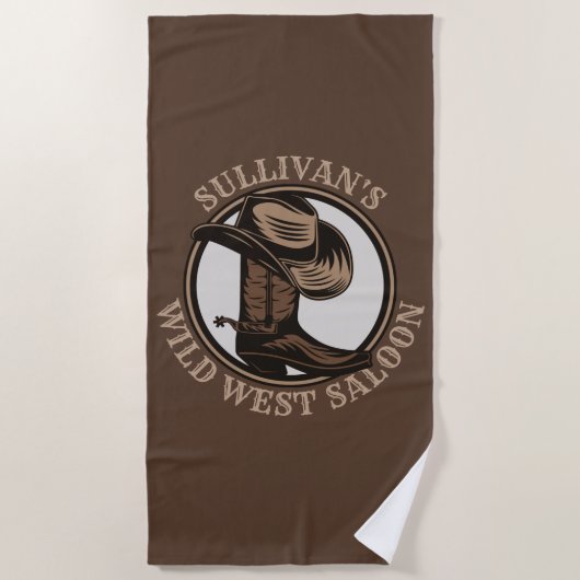 ワイルドウェストパーソナライズされたサルーンウェスタンカウボーイブーツ ビーチタオル (正面)