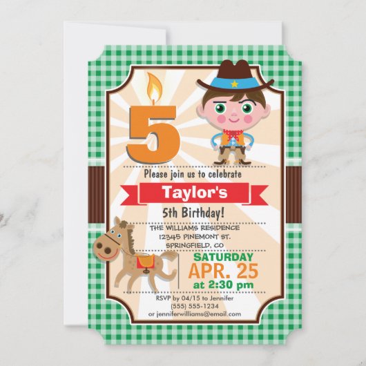 ワイルドウェスト保安官ボーイ; 緑の誕生日パーティー 招待状 (正面)