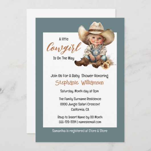 ワイルドウェスト女性のカーボーイテキサス州ウェスタン赤ちゃんシャワー 招待状 (正面/裏面)