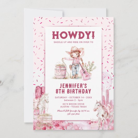 ワイルドウェスト女性のカーボーイロデオ子供の誕生日招待状 招待状 (正面)