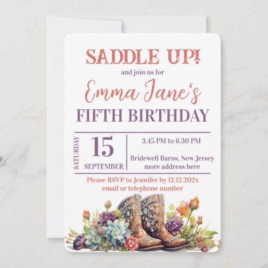 ワイルドウェスト女性のカーボーイ5th誕生日 招待状 (正面)