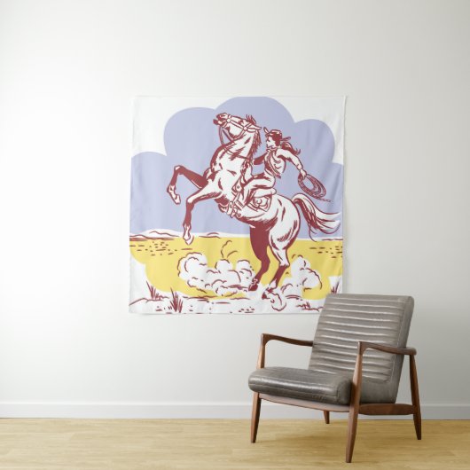 ワイルドウェスト女性のカーボーイ:ヴィンテージラインスケッチ。 タペストリー (インサイチュ)