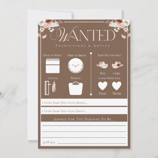 ワイルドウェスト指名手配の予測とアドバイスゲームカード 招待状 (正面)