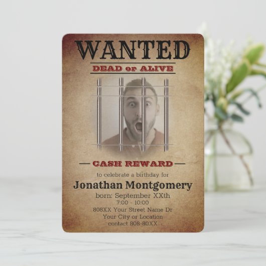 ワイルドウェスト指名手配ポスターとカスタム写真付き 招待状 (スタンド正面)