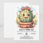 ワイルドウェスト エレガント ウォーターカラー サボテンガール バースデー 招待状 (正面/裏面)