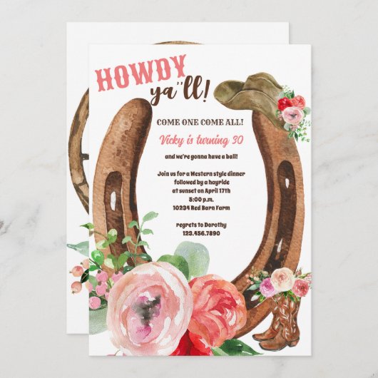 ワイルドウェスト | ヤッホー | カウガールパーティー 招待状 (正面/裏面)