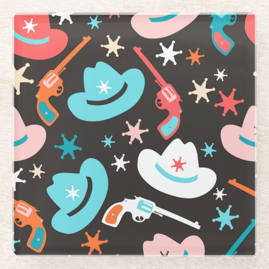 ワイルドウェスト、リボルバーカウボーイパターン。 ガラスコースター (正面)