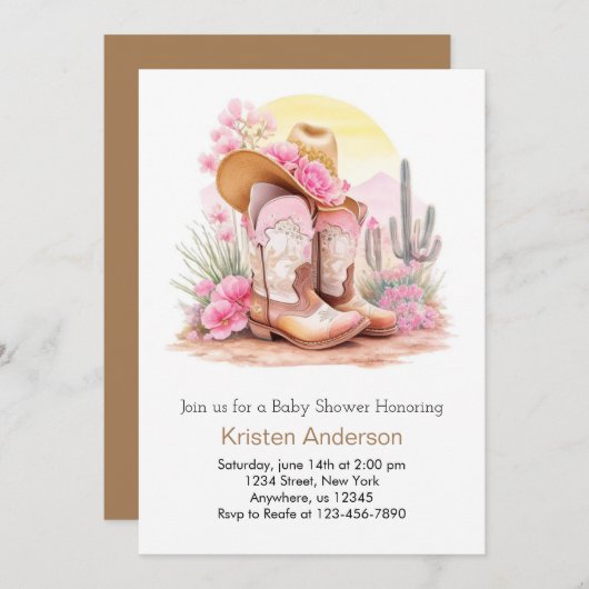 ワイルドウエストお祝い女性のカーボーイベビーシャワー 招待状 (正面/裏面)