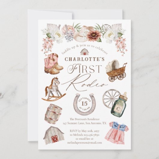 ワイルドウエストウェスタン女性のカーボーイファーストロデオ1st誕生日 招待状 (正面)