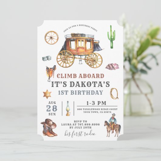 ワイルドウエストウエスタンカウボーイファースト誕生日招待状 招待状 (スタンド正面)