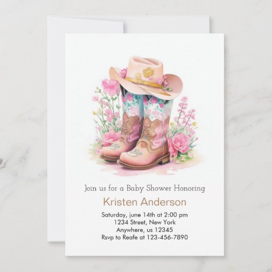 ワイルドウエストウォーターカラーアドベンチャー女性のカーボーイベビーシャワー 招待状 (正面)