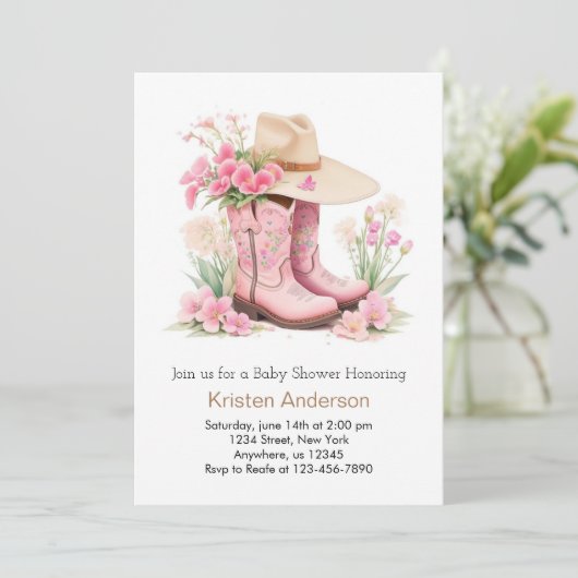 ワイルドウエストウォーターカラー女性のカーボーイアドベンチャーベビーシャワー 招待状 (スタンド正面)