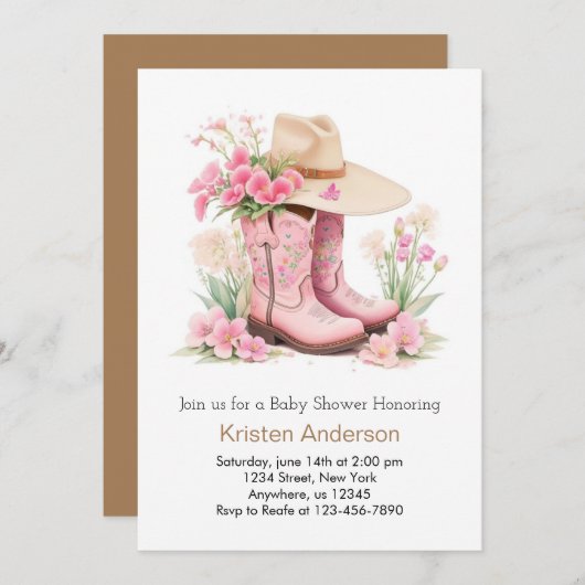 ワイルドウエストウォーターカラー女性のカーボーイアドベンチャーベビーシャワー 招待状 (正面/裏面)