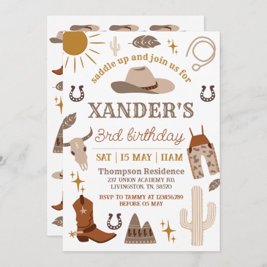 ワイルドウエストカウボーイウェスタンパーティー誕生日 招待状 (正面/裏面)