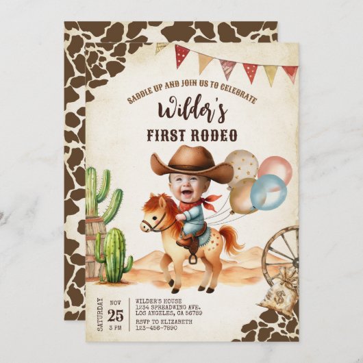 ワイルドウエストカウボーイファーストRodeo 1st誕生日 招待状 (正面/裏面)