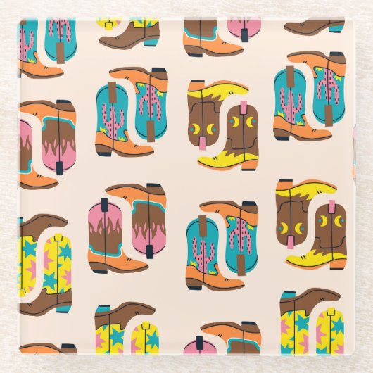 ワイルドウエストカウボーイブーツ:ファッションコンセプトパターン ガラスコースター (正面)