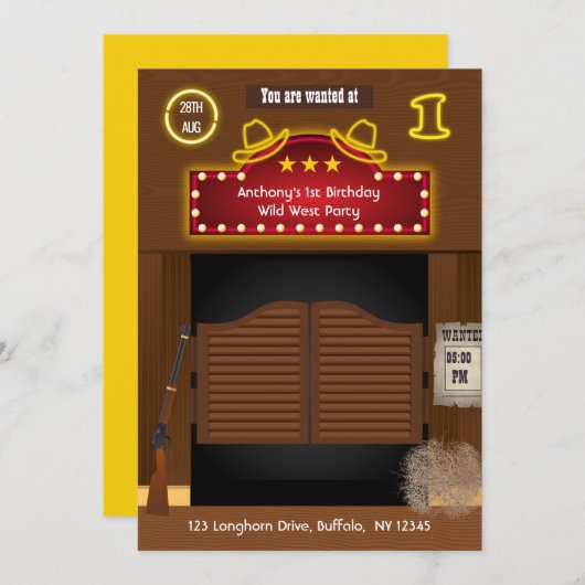 ワイルドウエストカウボーイ1st誕生日パーティー 招待状 (正面/裏面)
