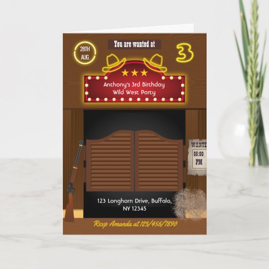 ワイルドウエストカウボーイ3rd誕生日パーティー写真 招待状 (正面)