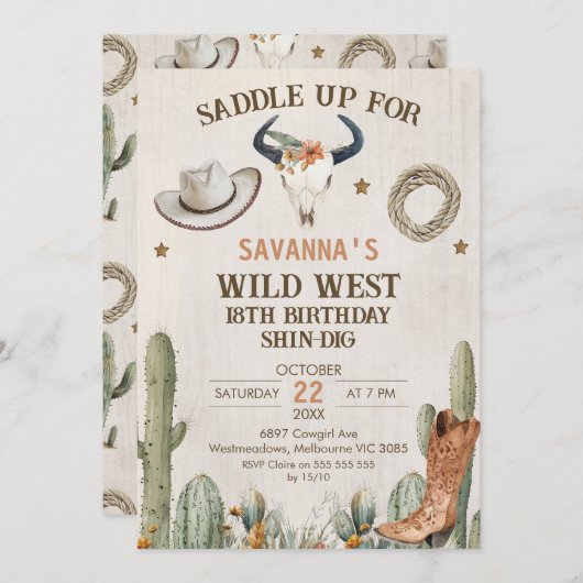 ワイルドウエストシンディグウェスタン誕生日招待状 招待状 (正面/裏面)