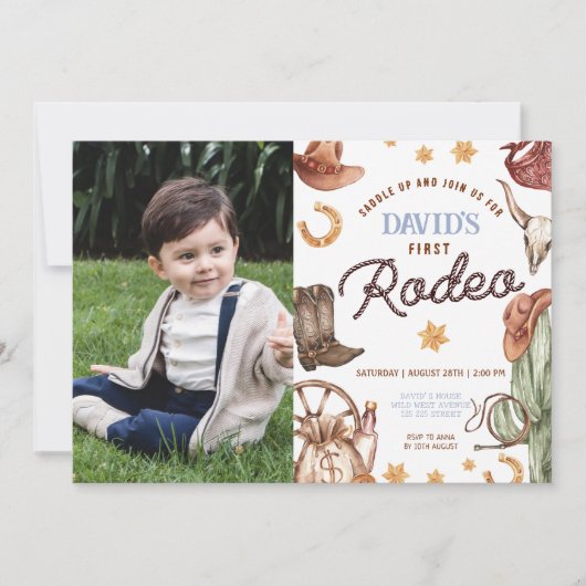 ワイルドウエストファースト男の子1st誕生日の写真 招待状 (正面)
